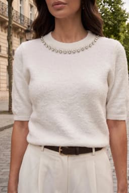 Blusa Bianca Donna Maniche Corte Testurizzata Collo Gioiello — Bianco