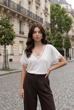 Women's White Lace Trim V-Neck Short Sleeve Knit Blouse — White