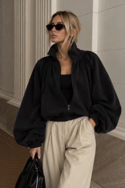 Women's White Zip-Up Jacket Balloon Sleeve Polo Collar