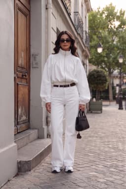 Women's White Zip-Up Jacket Balloon Sleeve Polo Collar