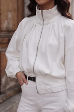 Women's White Zip-Up Jacket Balloon Sleeve Polo Collar