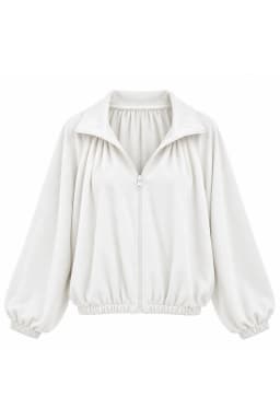 Women's White Zip-Up Jacket Balloon Sleeve Polo Collar