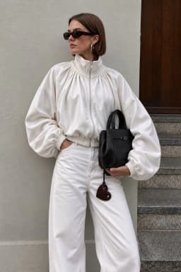 Women's White Zip-Up Jacket Balloon Sleeve Polo Collar