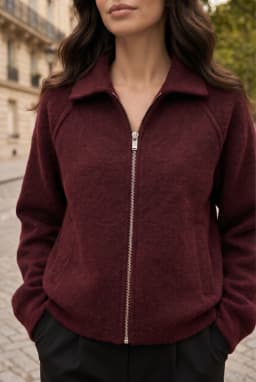 Zip Up Polo Sweater Burgundy Women's Knit Top — Burgundy