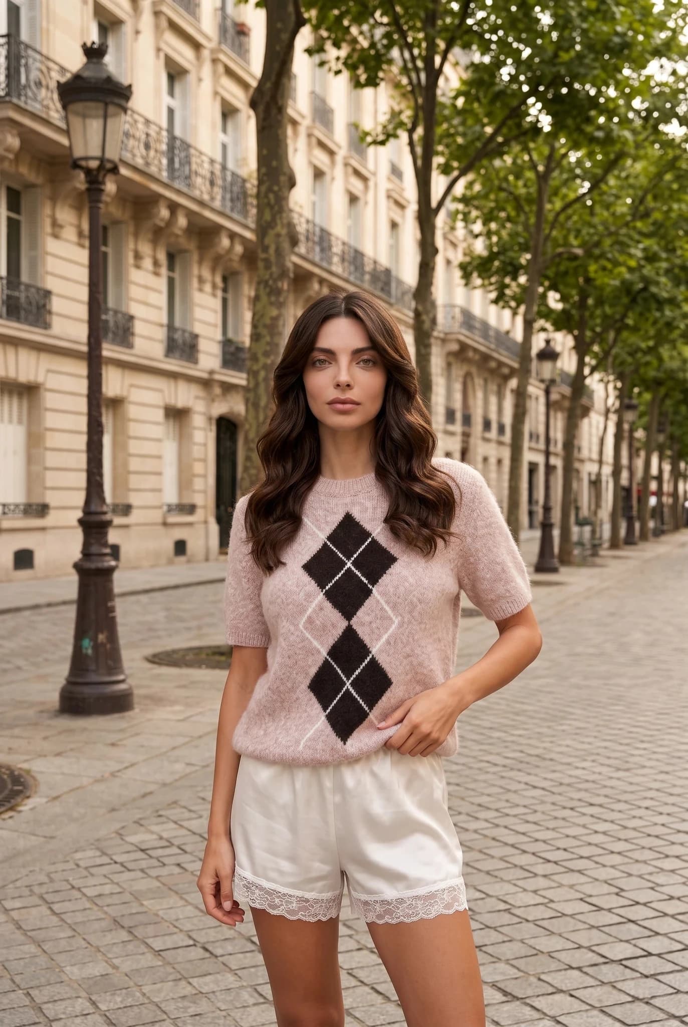 Beige Argyle Pattern Short Sleeve Textured Knit Sweater