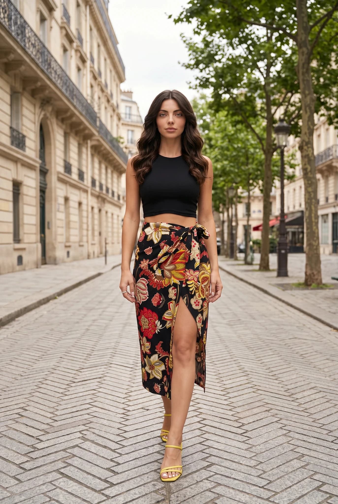 Falda Midi Cruzada de Viscosa Negra con Estampado Floral y Abertura