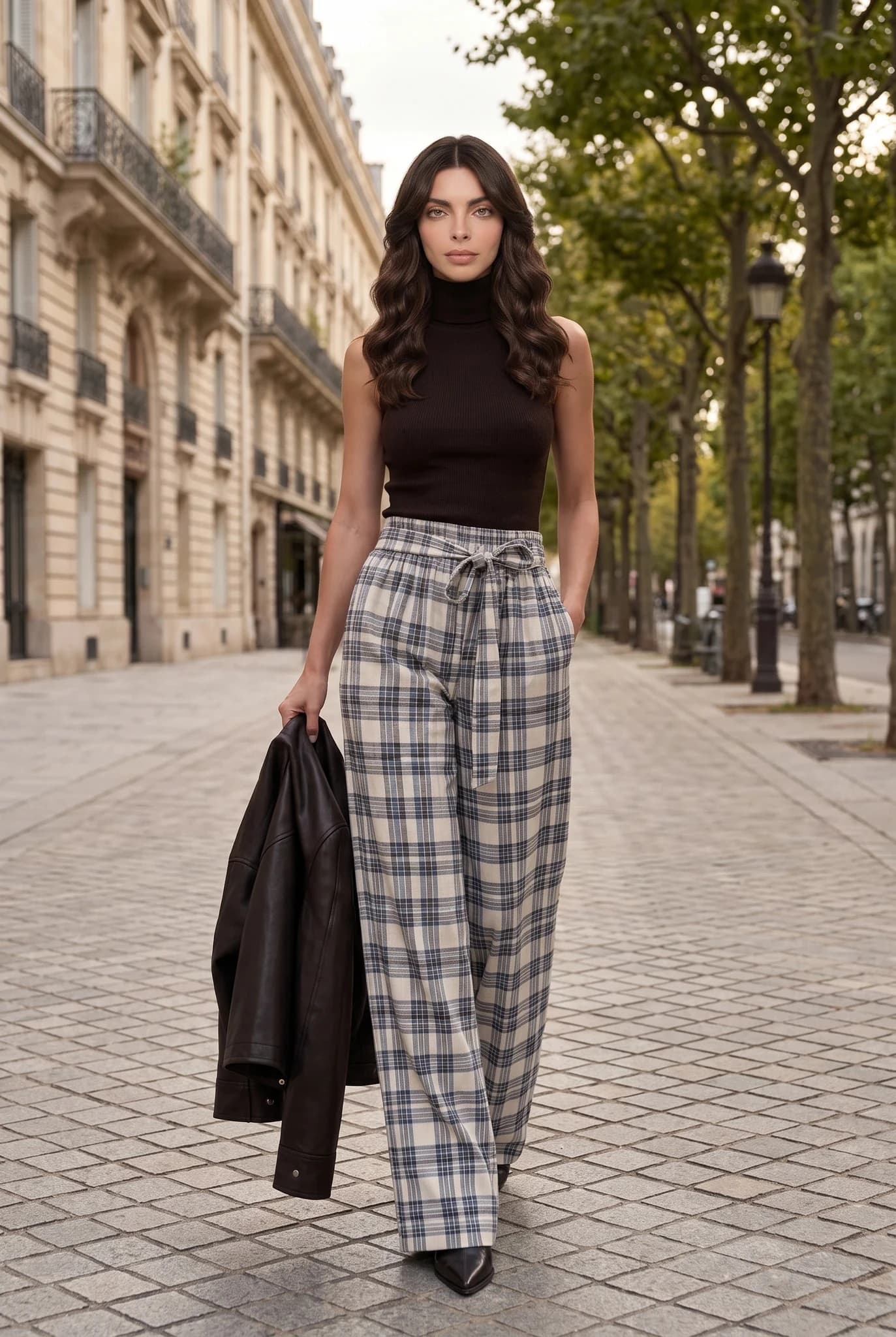 Pantalón Ancho de Cuadros Tiro Alto con Cinturón Beige