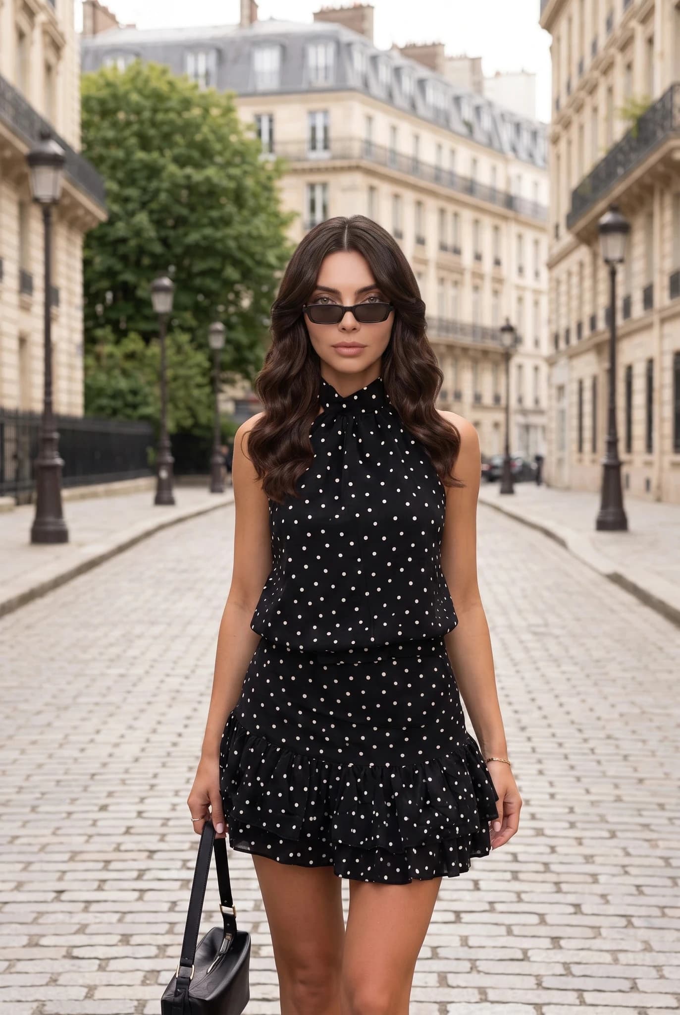Completo Due Pezzi Top Halter e Minigonna con Volant a Pois — Nero