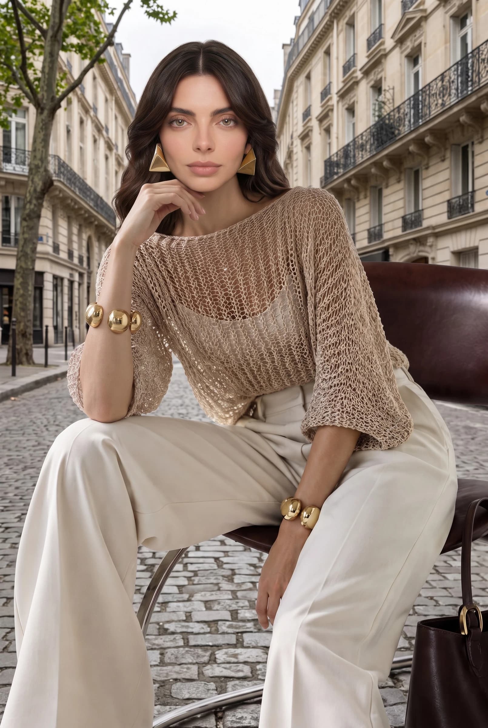 Transparenter Grobstrick-Pullover mit überschnittenen Schultern in Beige