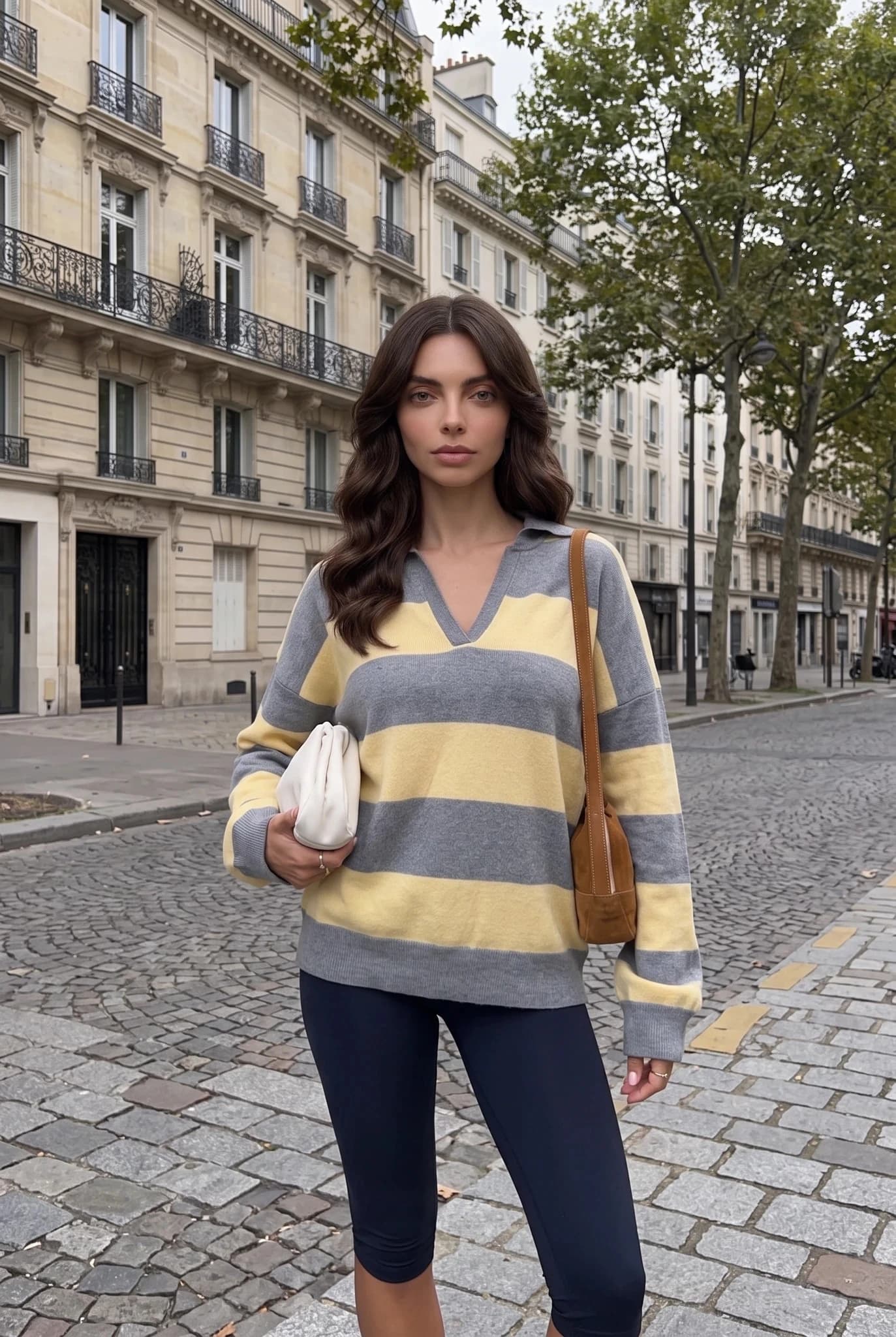 Pull en Tricot Rayé à Col Polo - Jumper Oversize Gris