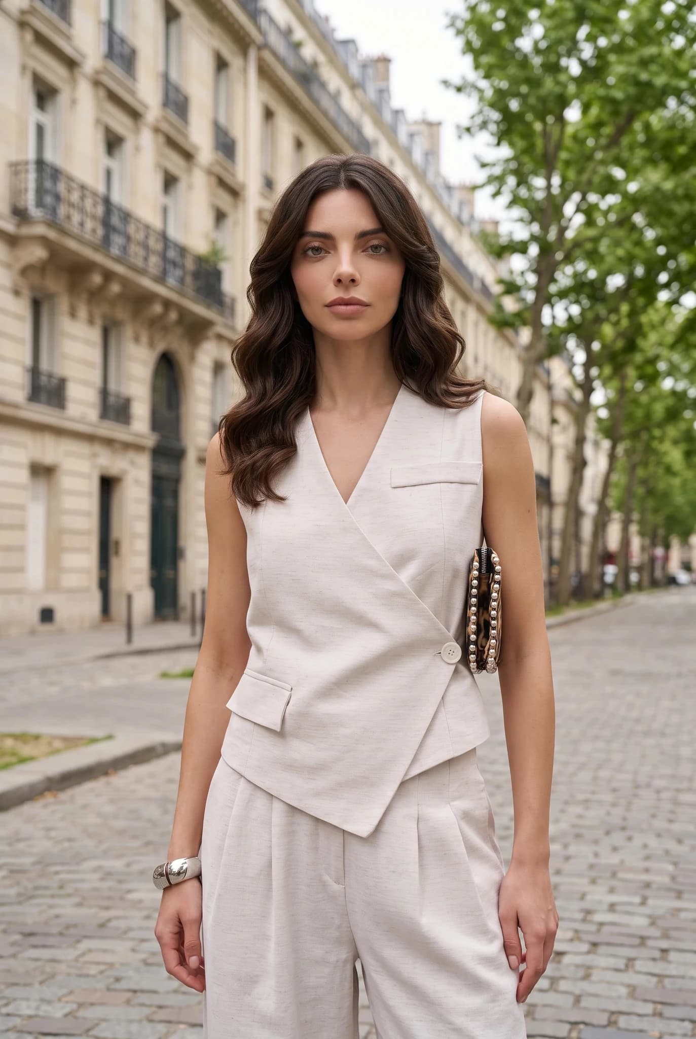 Dames Asymmetrisch Overslag Gilet van Katoen Beige