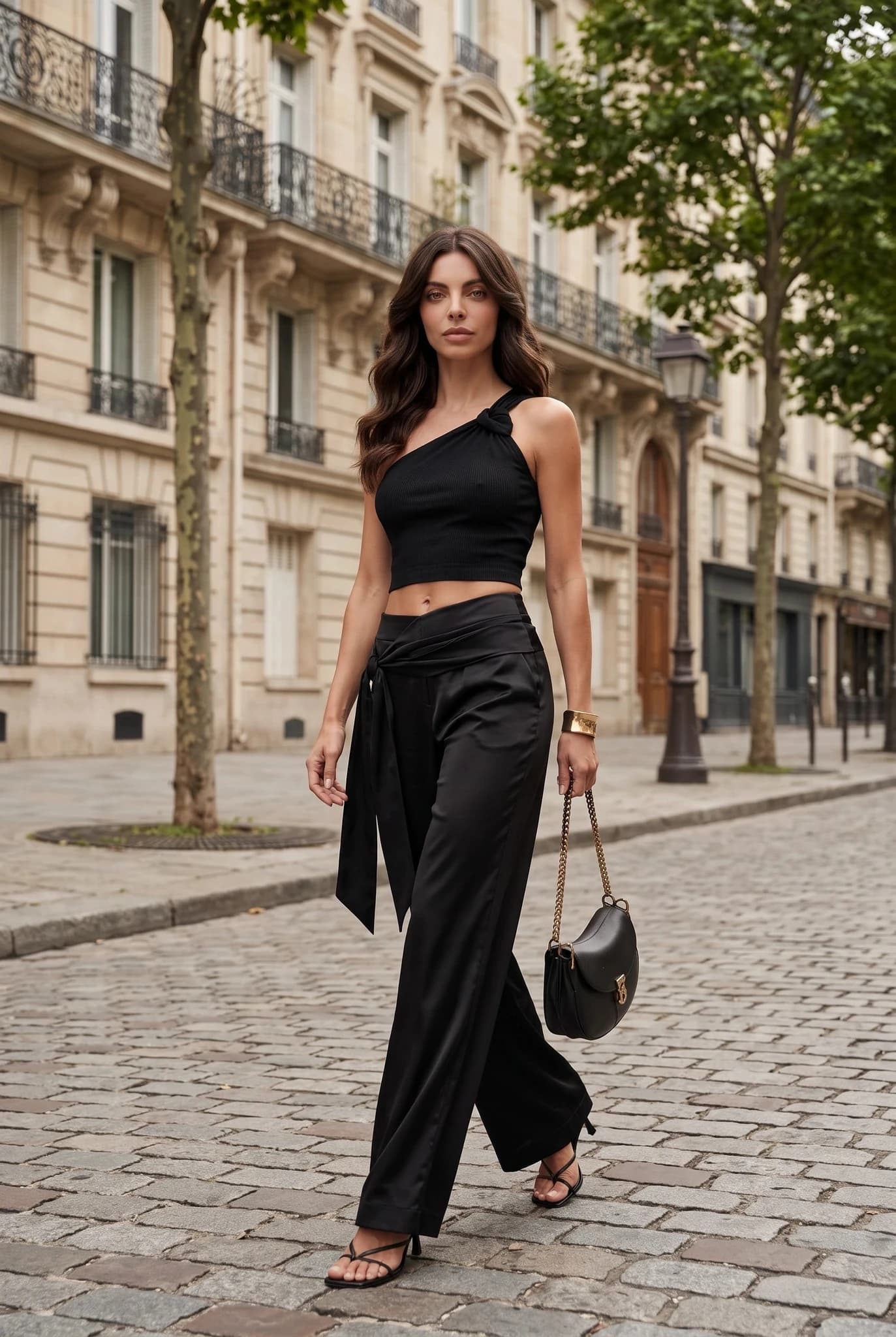Women's Black Satin Tie-Front Wide Leg Trousers — Black