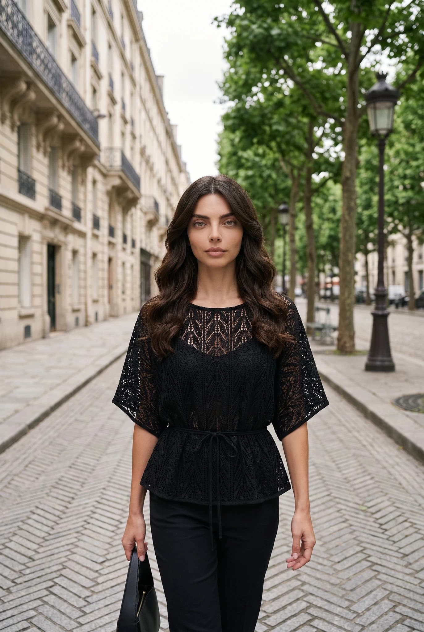 Blusa Feminina Preta Vazada Transparente com Amarração na Cintura e Acabamento Metalizado