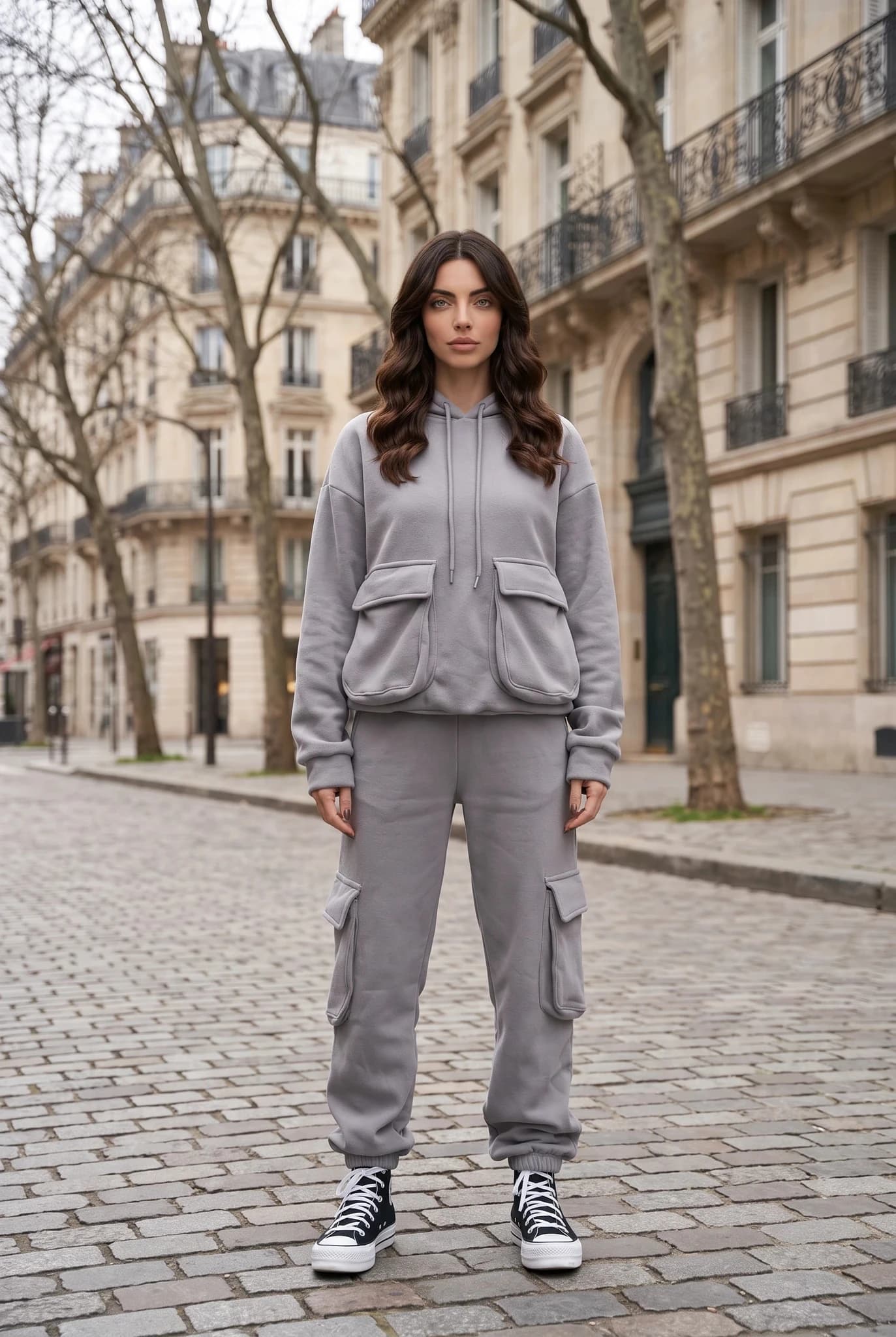Chándal Cargo Gris Oversize con Capucha para Mujer