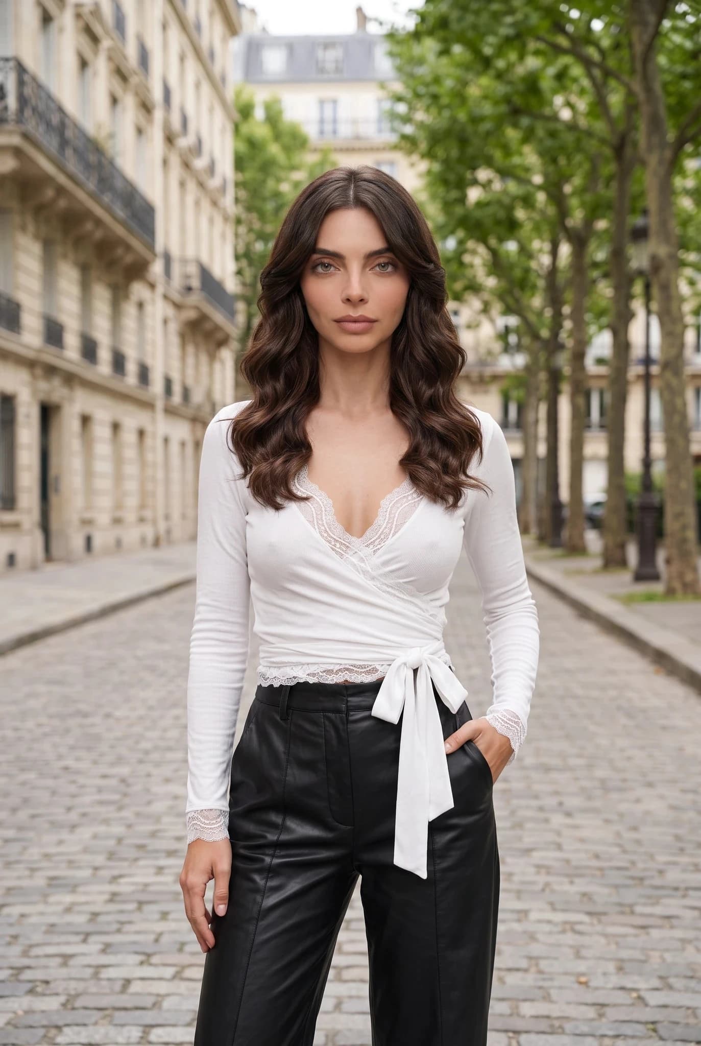 Women's Lace Trim Ribbed Wrap Blouse — White