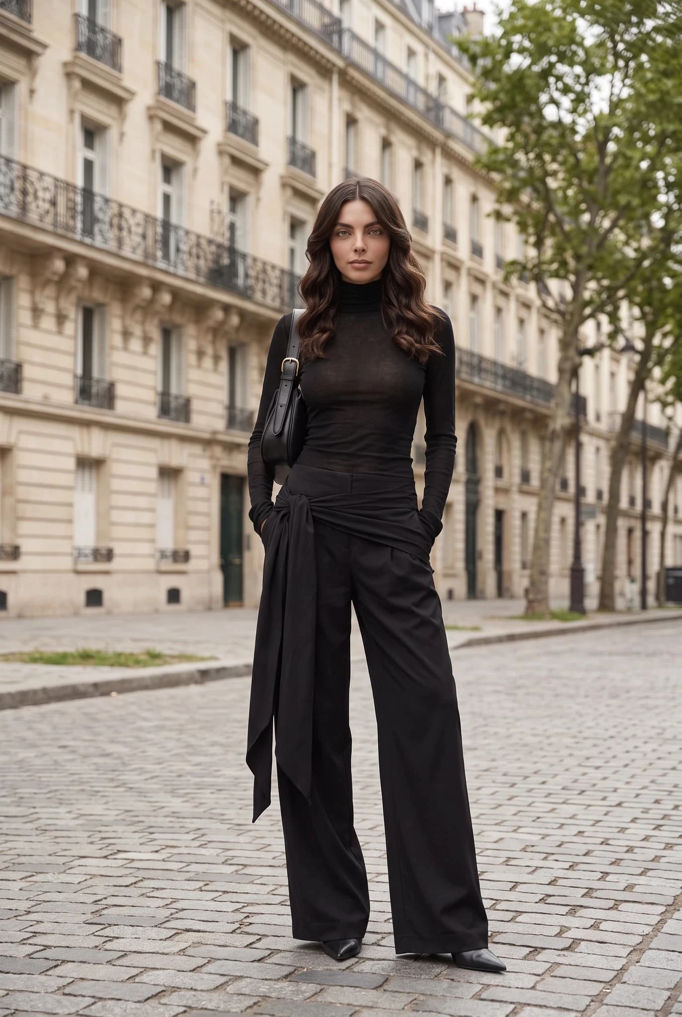 Pantalon Large Taille Basse Femme avec Ceinture nouée - Noir
