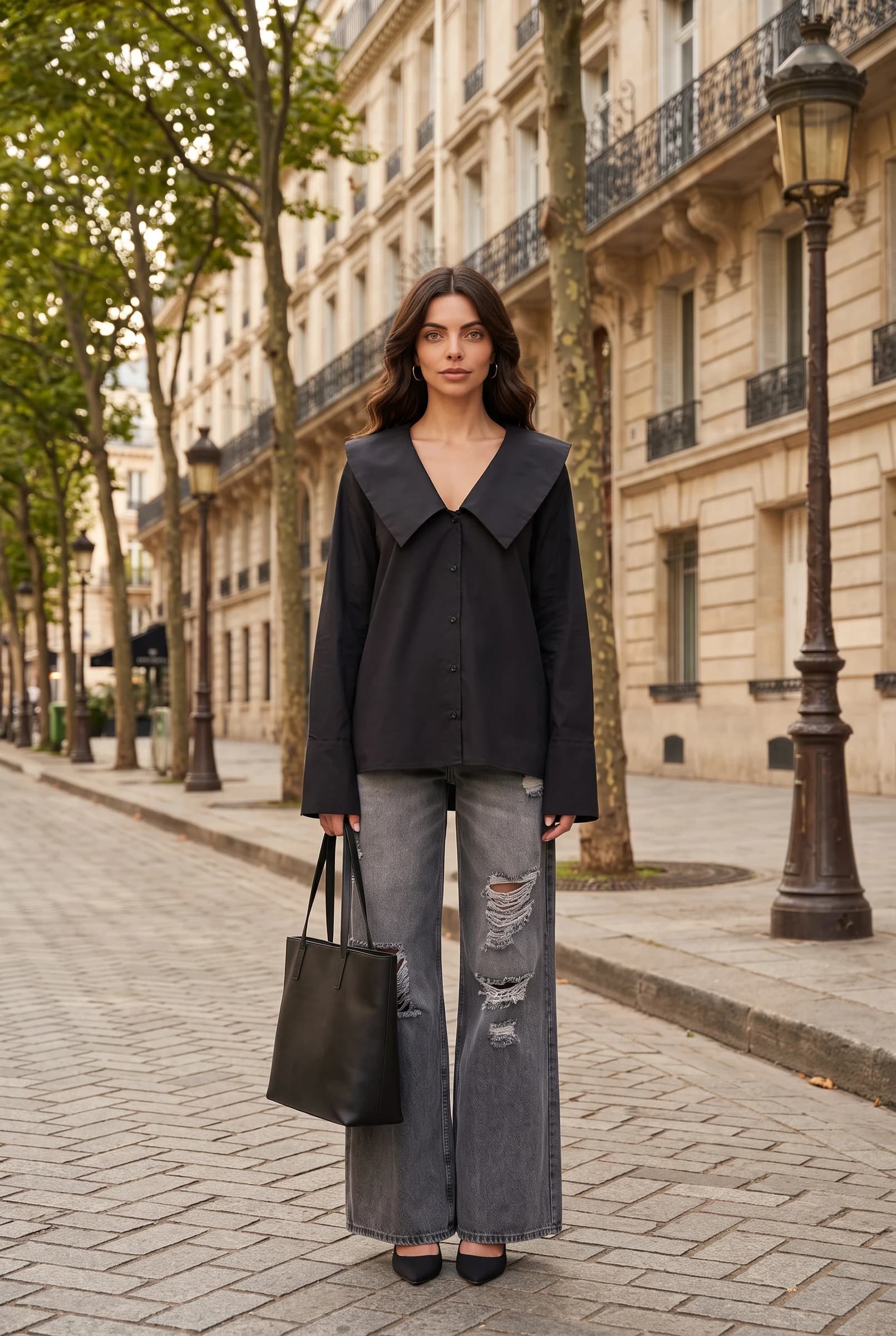 Camisa de Popelina 100% Algodón con Cuello Oversize para Mujer