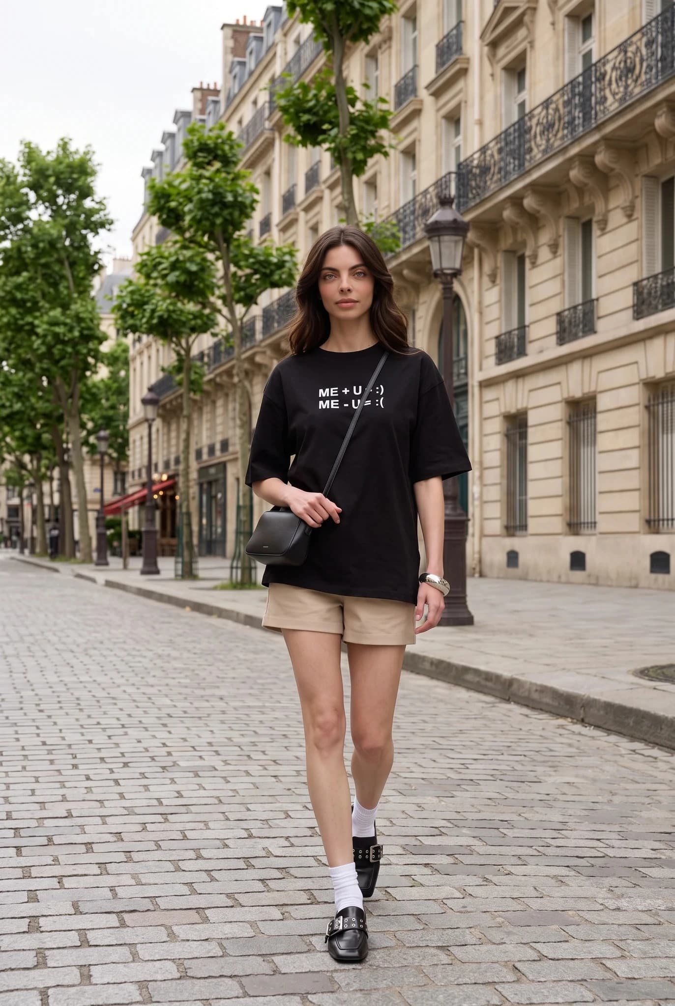 T-shirt Preta Oversize com Estampado em Relevo Mulher