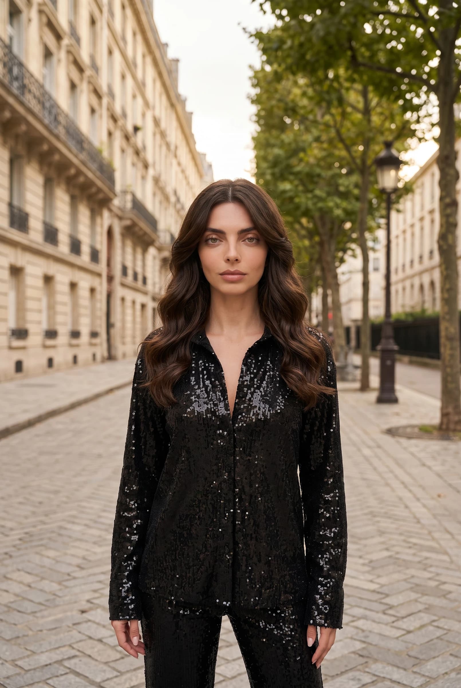 Women's Oversized Sequin Button-Down Shirt Black