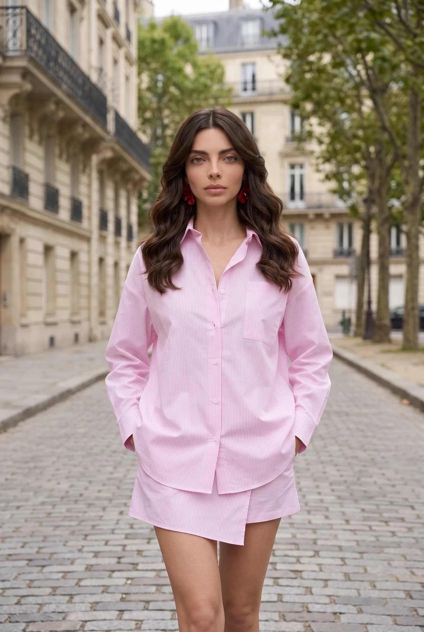 Randig Oversize Skjorta i 100% Bomull Dam Rosa