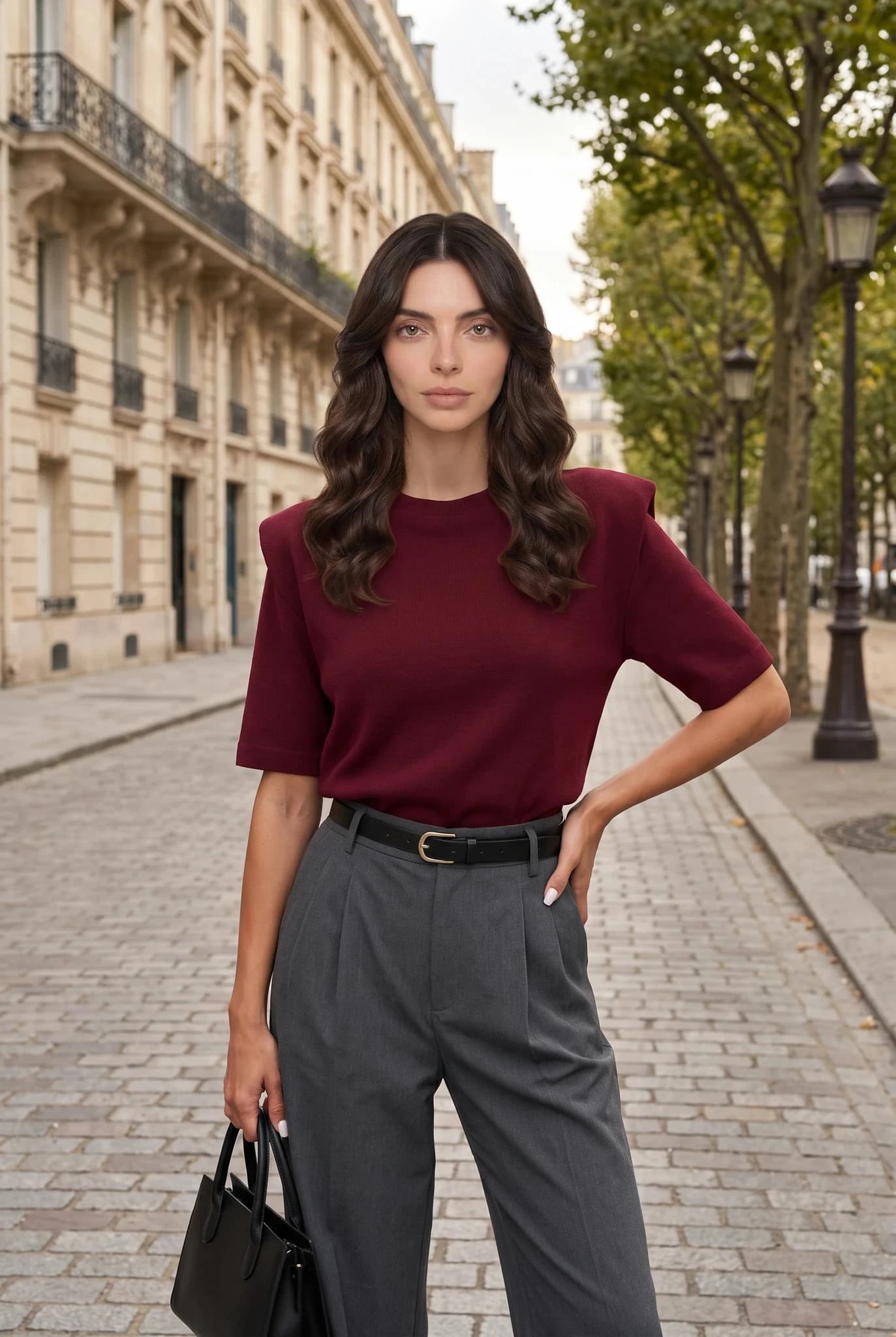 Gebreide Dames Top met Schoudervullingen - Bordeauxrode Blouse met Korte Mouwen