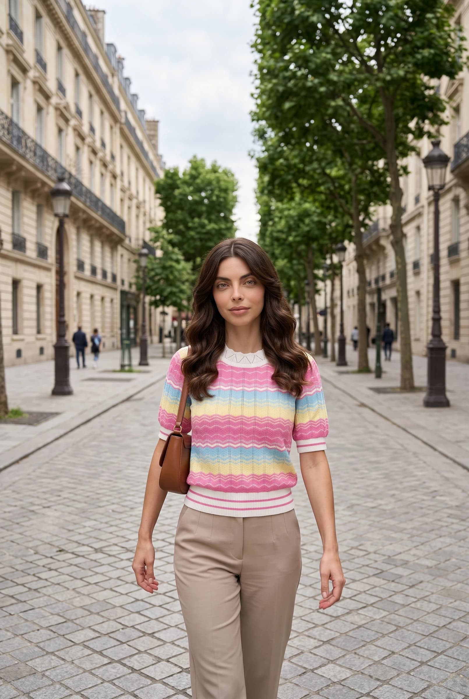 Top de Punto de Manga Corta a Rayas Chevron Pastel para Mujer