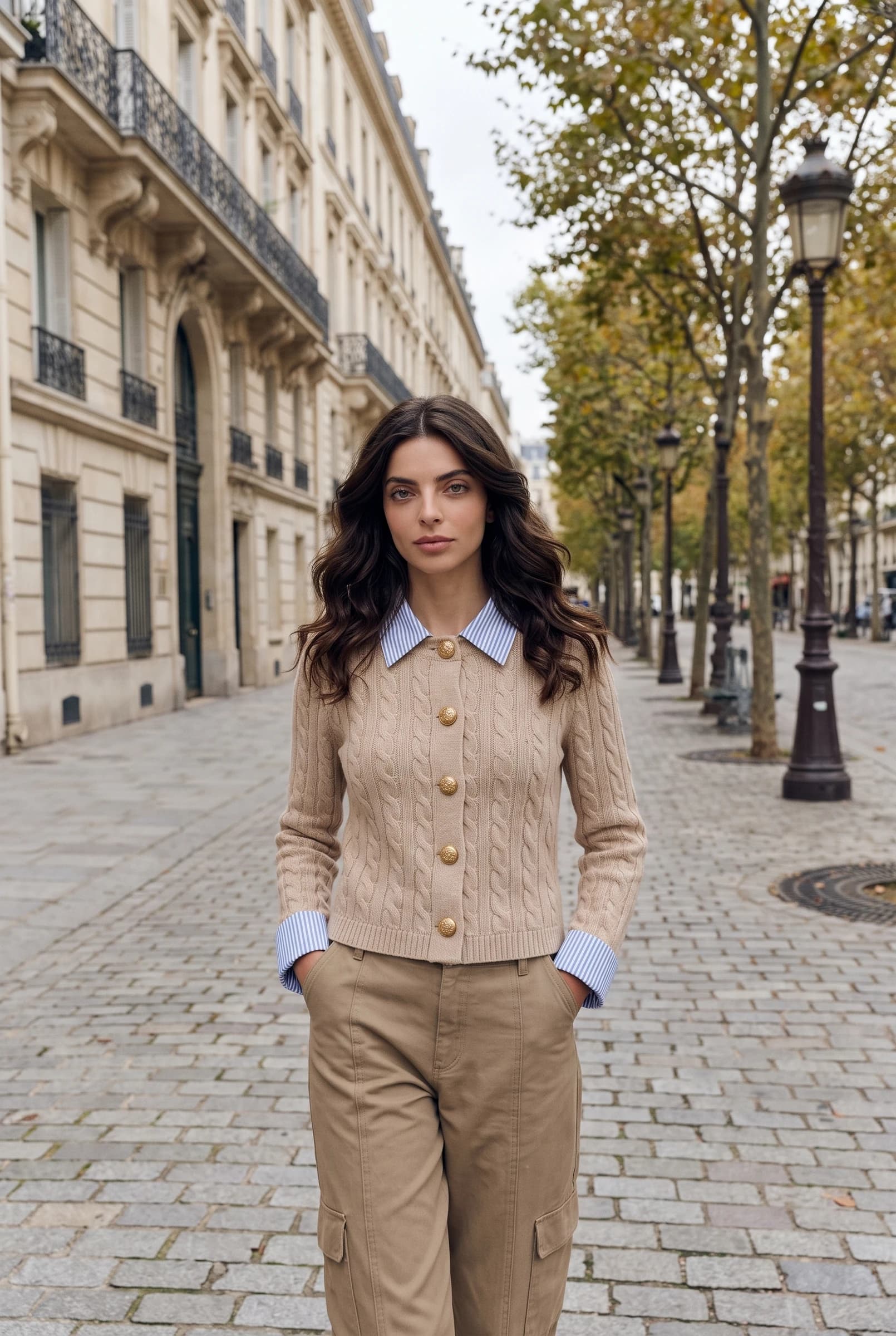 Damen Zopfstrick-Cardigan mit Hemdkragen - Beige Knopfdetail