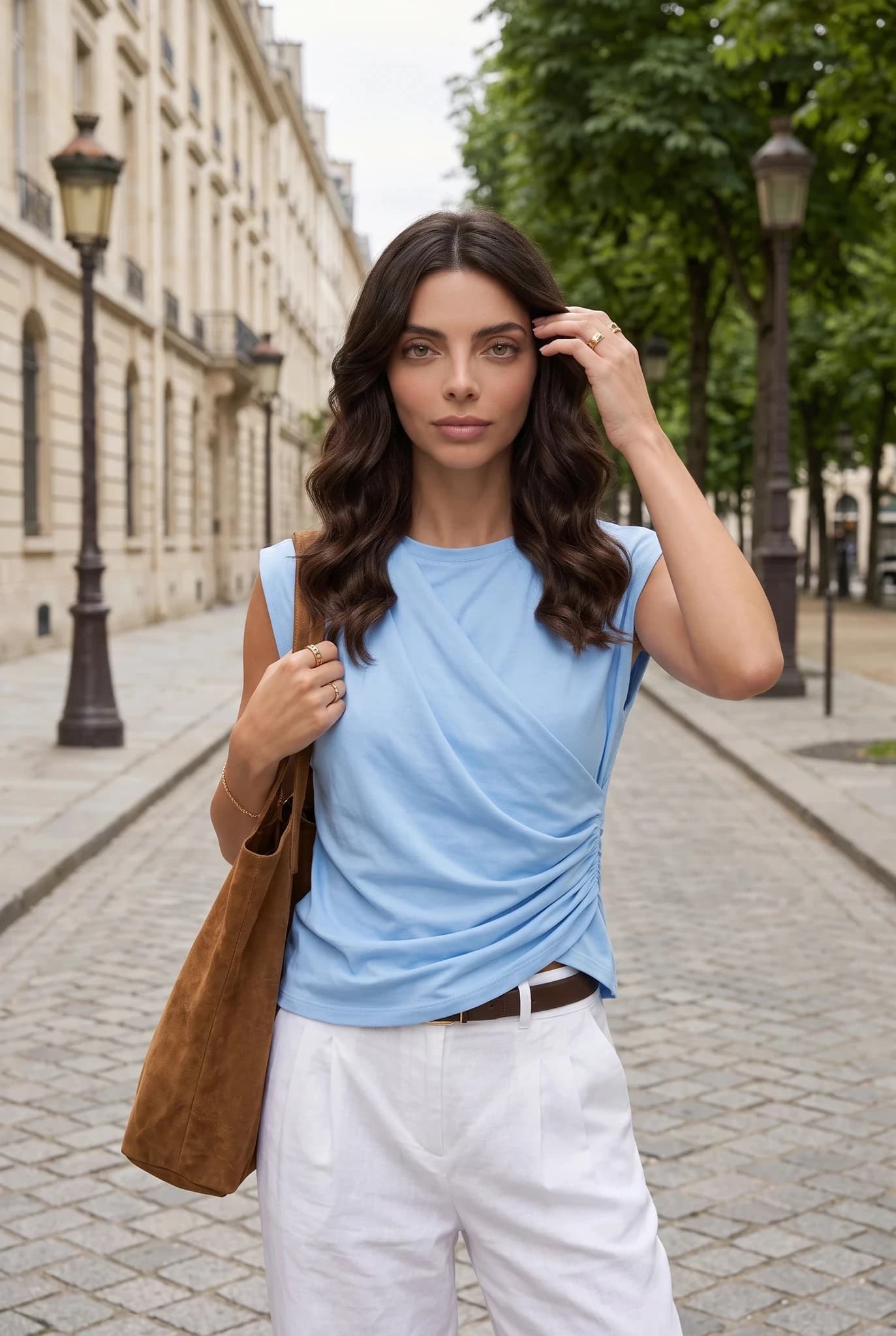 Blusa Sin Mangas Drapeada con Fruncido Azul Claro para Mujer