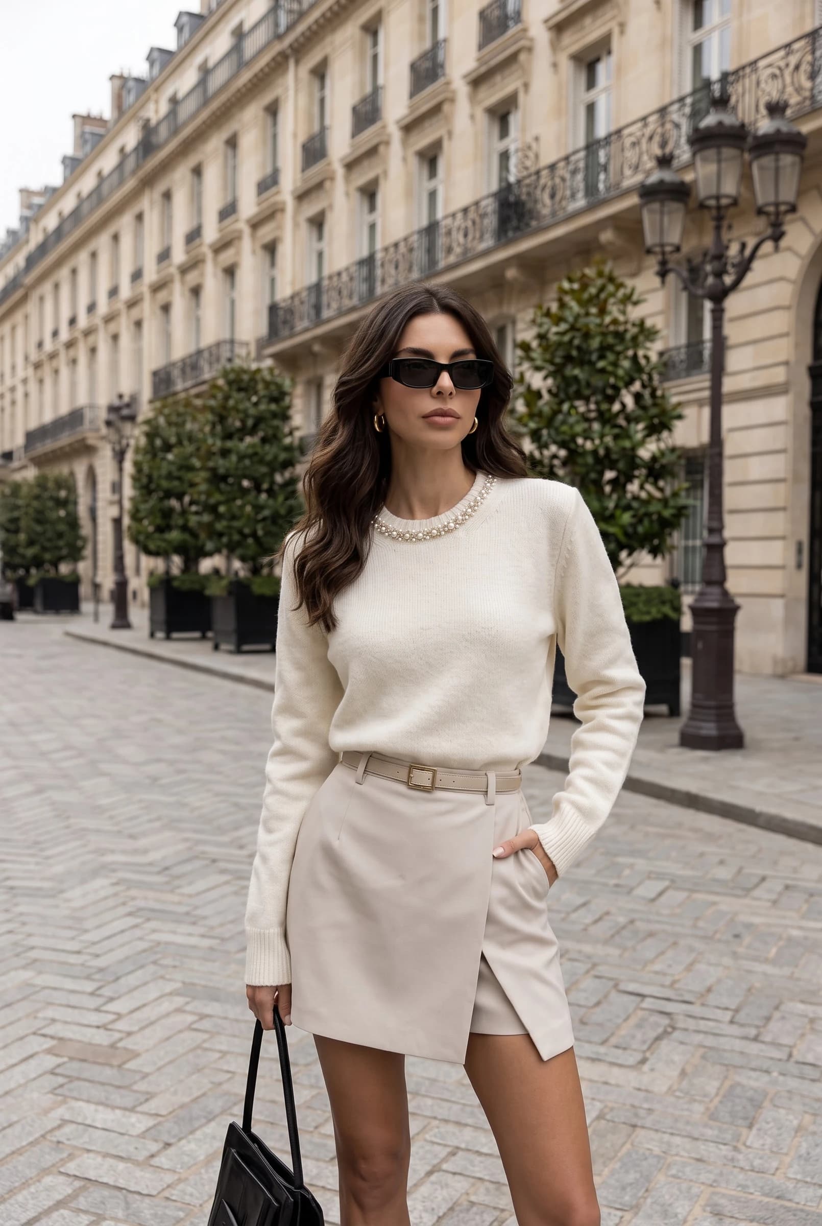 Pull en Tricot Blanc Col Ras du Cou Orné de Pierres pour Femme