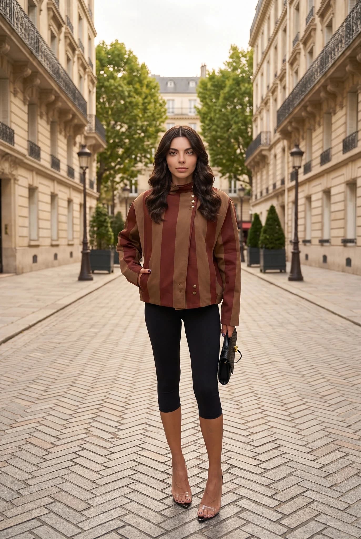Veste Courte Rayée à Col Cheminée Femme - Manteau Décontracté Multicolore