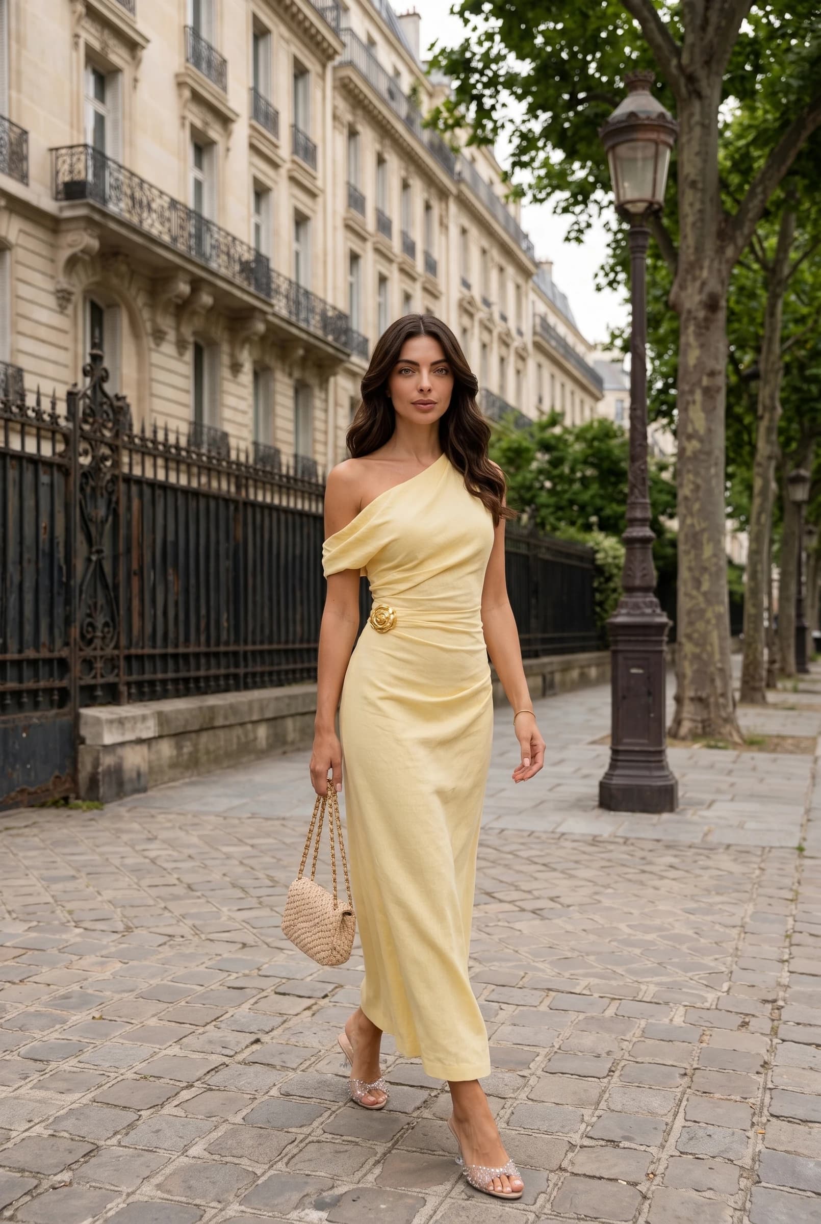 Gelbes Asymmetrisches Maxi-Kleid mit Einem Träger