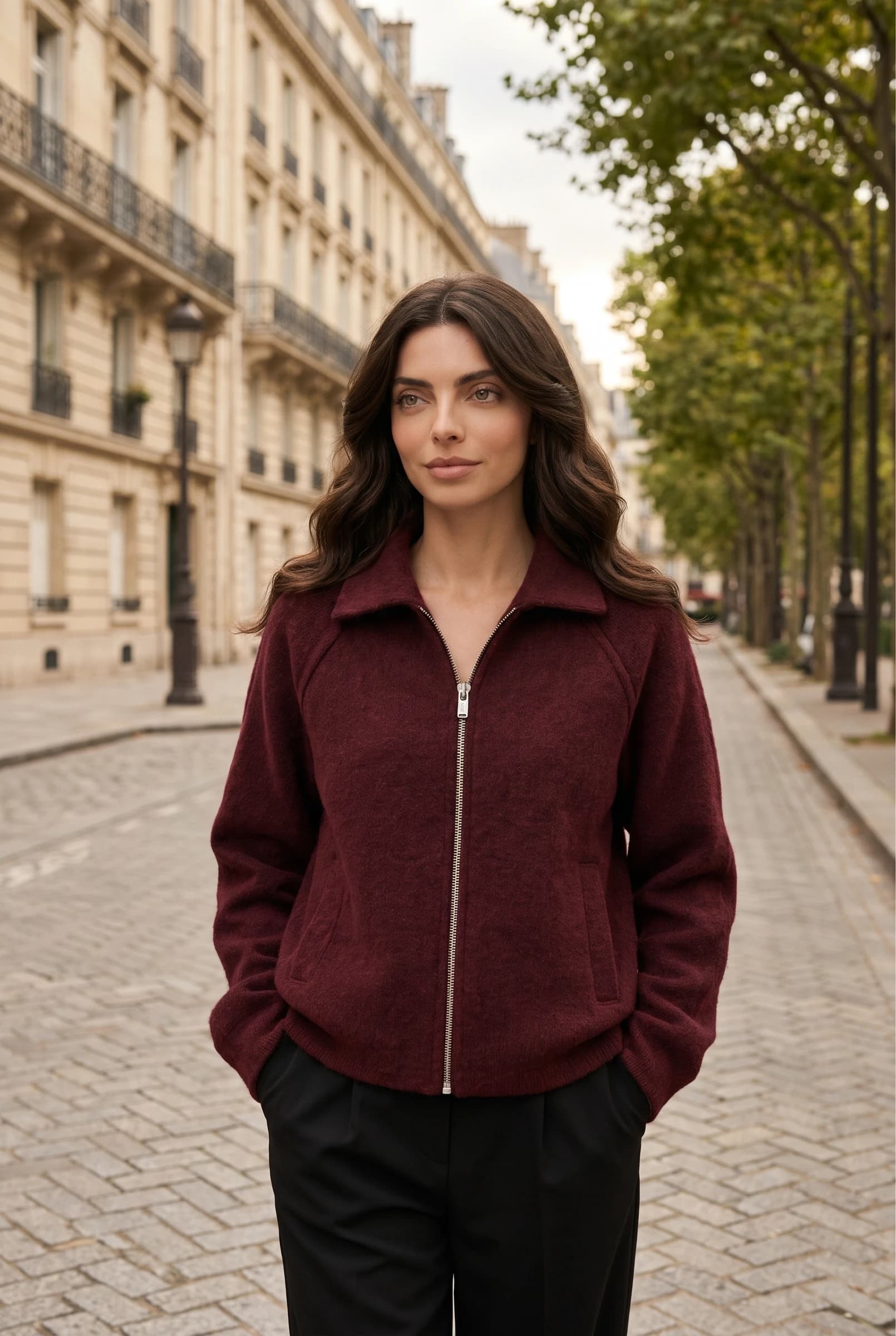 Zip Up Polo Sweater Burgundy Women's Knit Top